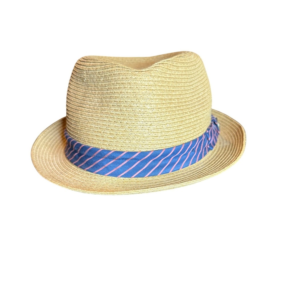 Goorin Bros Mens "Beach Day" Straw Fedora Hat Navy‎ Pink Stripe Band Pin Large